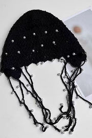 Solid Pearl Embellished Hollow Knit Hat