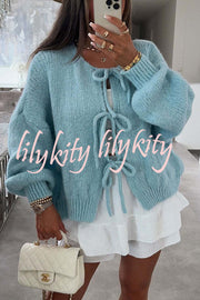 Solid Color Long-sleeved V-neck Lace-up Loose Knitted Sweater