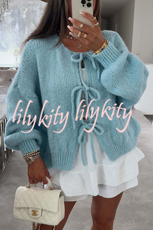 Solid Color Long-sleeved V-neck Lace-up Loose Knitted Sweater