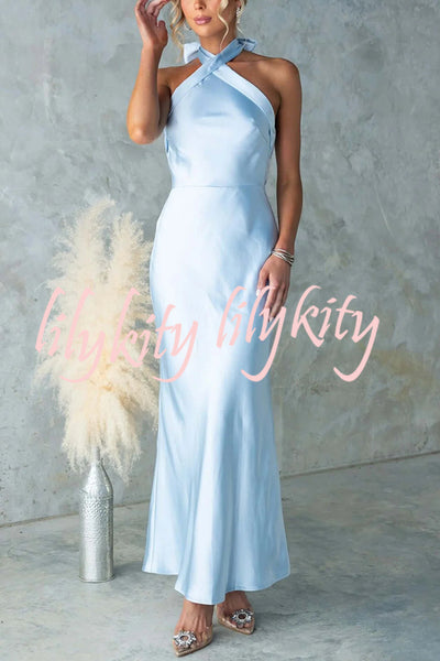 Satin Fashion Halter Backless Slim Elegant Maxi Dress