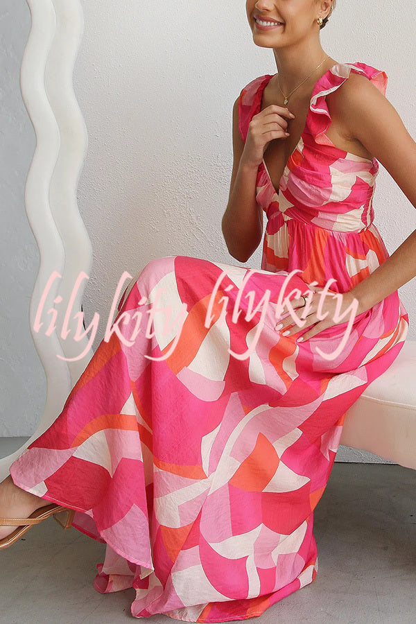 Unique Printed V-neck Ruffled Straps Pleated Back Maxi Dress