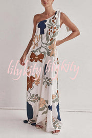 Matches The Vacation Unique Print One Shoulder Tie-up Pocketed Loose Maxi Dress