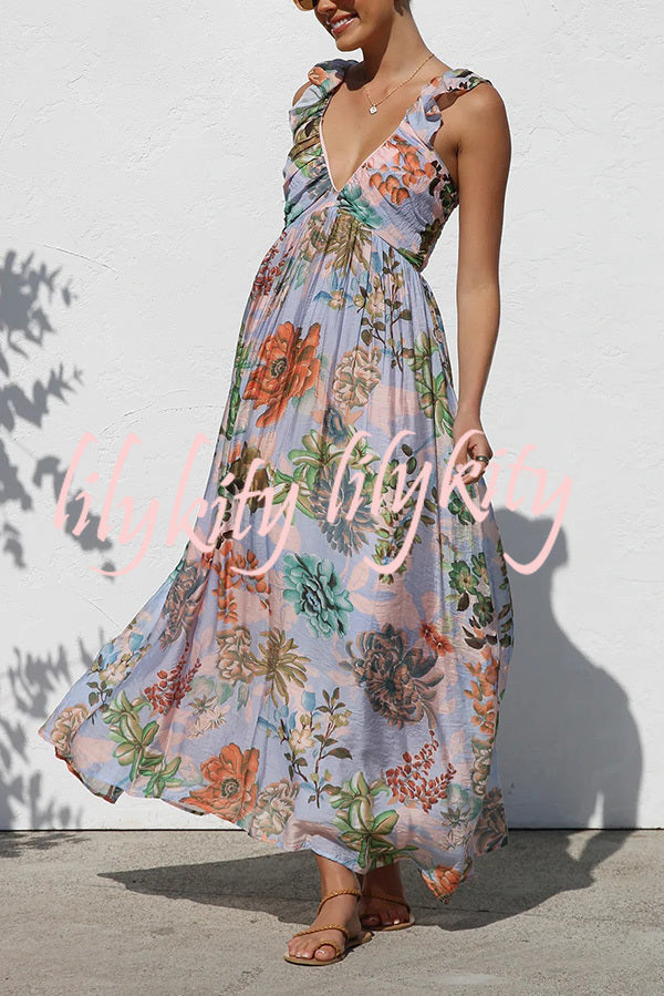 Unique Printed V-neck Ruffled Straps Pleated Back Maxi Dress