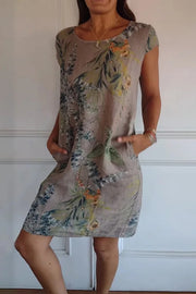 Botanical Print Linen Blend Crew Neck Short Sleeve Pocket Mini Dress