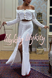 Fashion Knitted Off-the-shoulder Long-sleeved Top and Elastic Slit Maxi Skirt Set