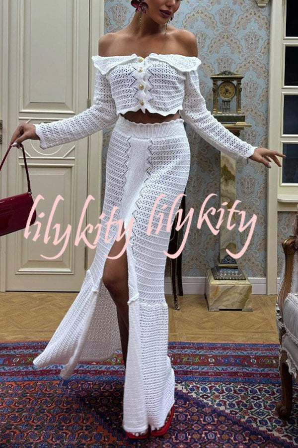 Fashion Knitted Off-the-shoulder Long-sleeved Top and Elastic Slit Maxi Skirt Set