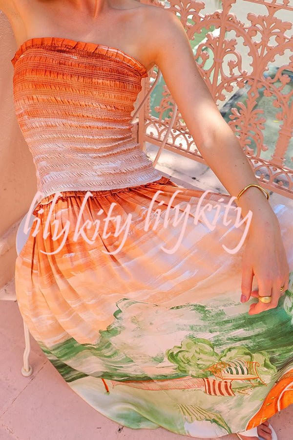 Fairy Tale Town Sunset Unique Print Off Shoulder Smocked Maxi Dress