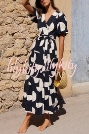 Unique Printed V-neck Puff Sleeves Tie Waist Midi Dress