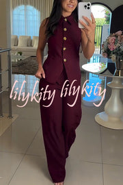 Fashion Lapel Sleeveless Button Vest and Casual Straight-leg Suit Pants Set
