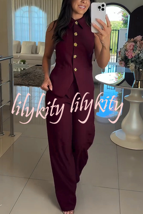 Fashion Lapel Sleeveless Button Vest and Casual Straight-leg Suit Pants Set