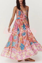 Painter's Garden Boho Floral Print Strappy A-line Maxi Dress