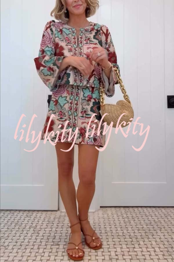 Autumn Garden Printed V-neck Long Bell Sleeve Top and Mid Rise Skirt Set