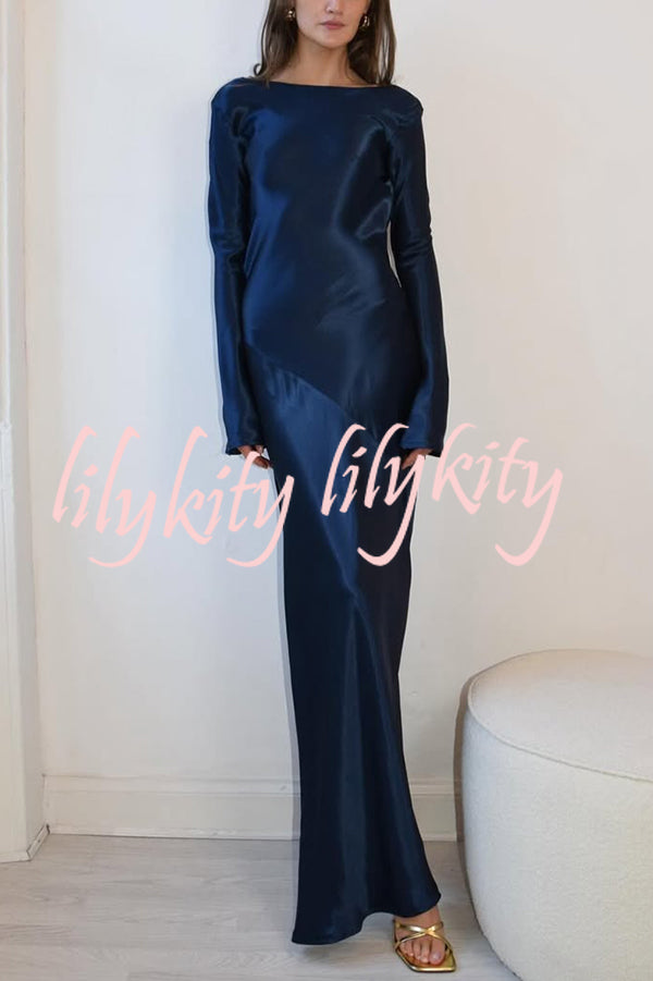 Satin Elegant Long-sleeved Open-back Slim-fit Slit Maxi Dress