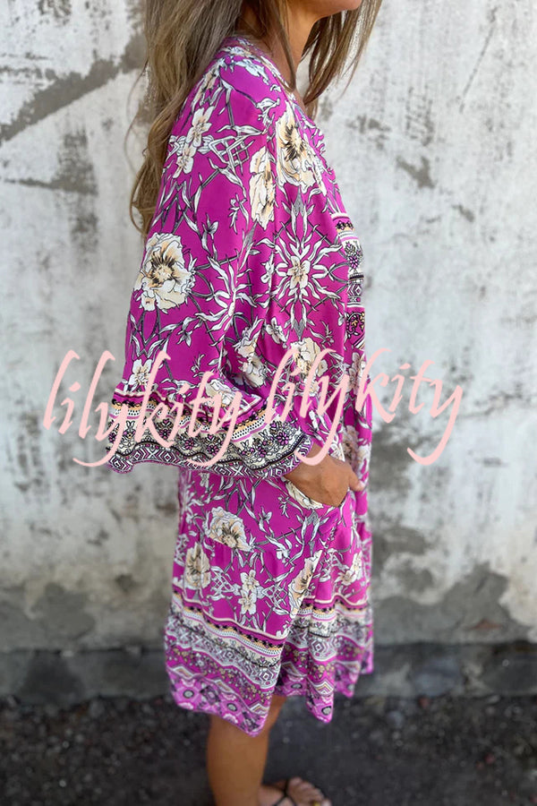 Ethnic Floral Print V-neck Loose Pocket Mini Dress