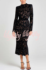 Diane Velvet Embroidered Floral Lace Long Sleeve Belt Scallop Edge Midi Dress