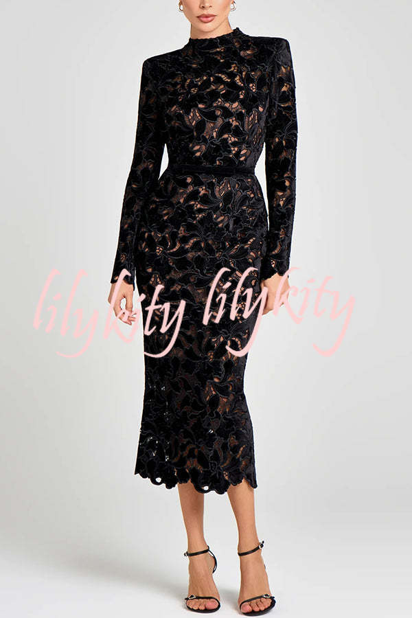 Diane Velvet Embroidered Floral Lace Long Sleeve Belt Scallop Edge Midi Dress