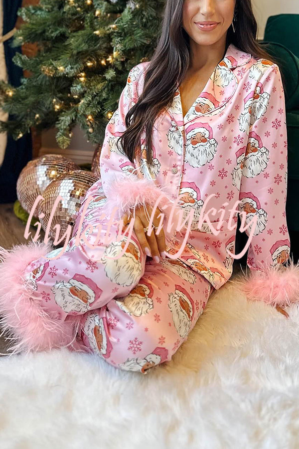 Christmas Besties Party Printed Feather Trim Elastic Waist Pocketed Pajama Set