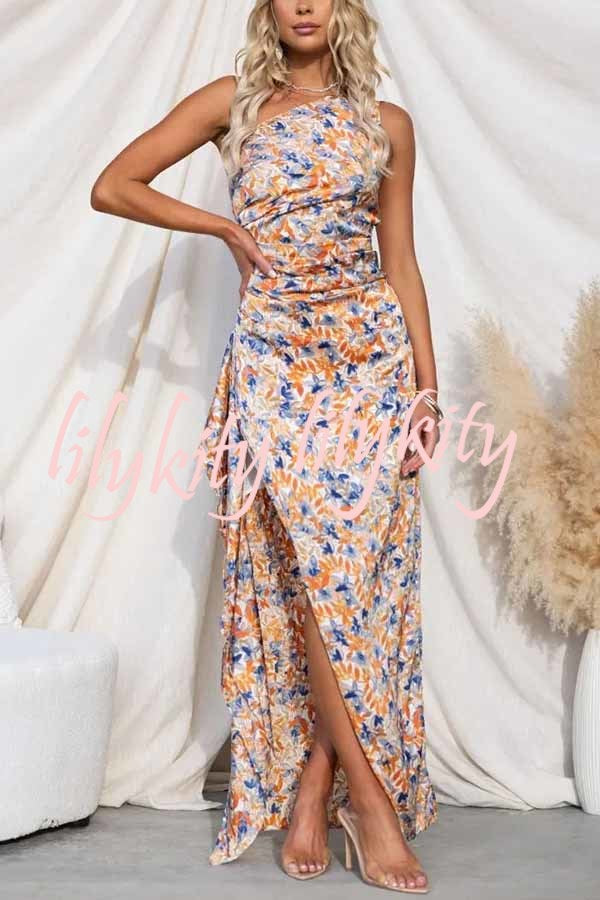 Intense Love Floral One Shoulder Asymmetrical Ruffle Trim Maxi Dress