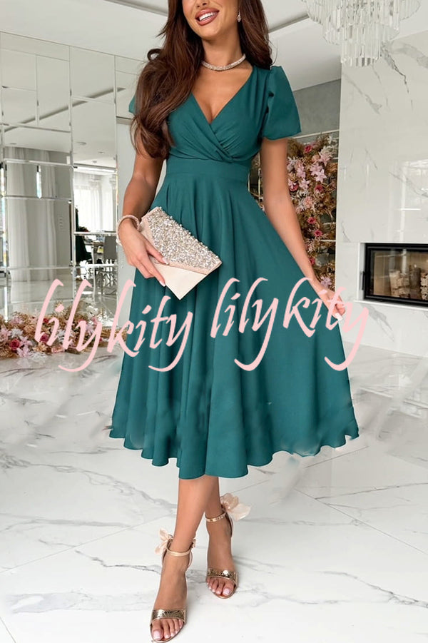 Zayla Solid Color Puff Sleeve V-neck Waist Slim Fit Midi Dress