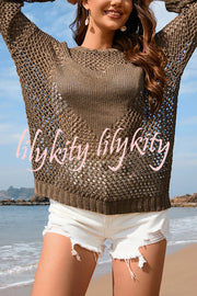 Solid Color Round Neck Long Sleeve Heart Knitted Beach Cover Up