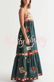 Unique Printed Sexy Suspender Backless Large Hem Maxi Dress