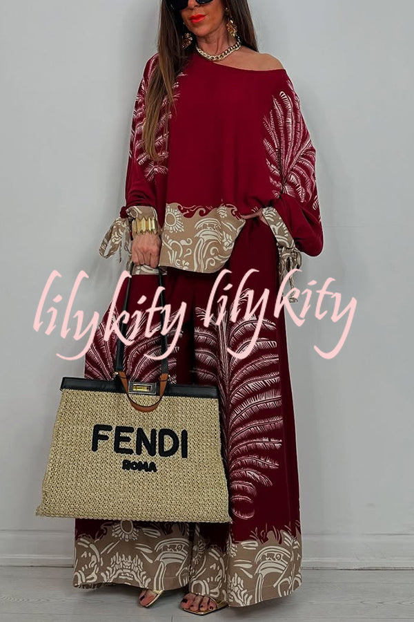 Unique Print Loose Drawstring Long Sleeve Top and Elastic Waist Casual Pocket Wide Leg Pants Set