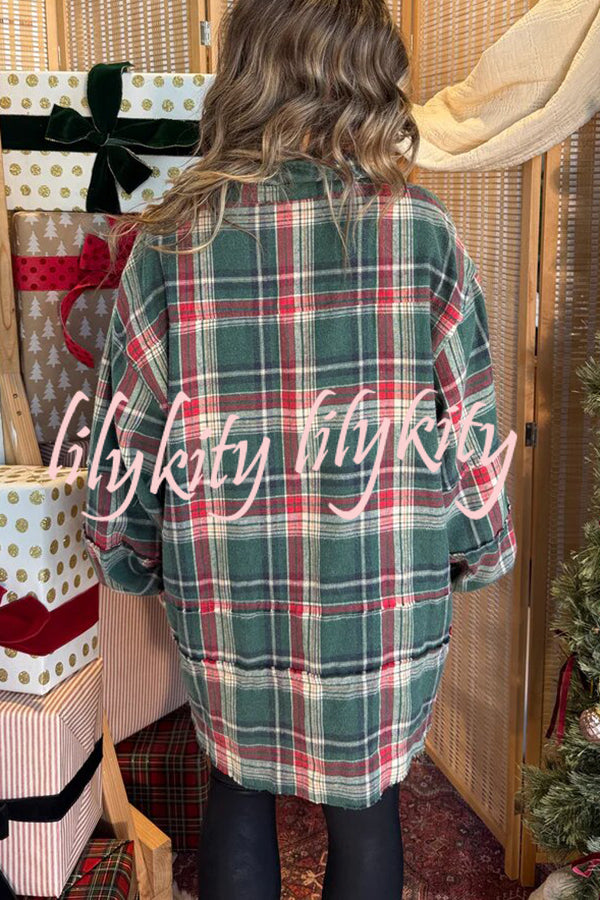 Christmas Morning Plaid Button Down Long Sleeve Pocket Loose Blouse