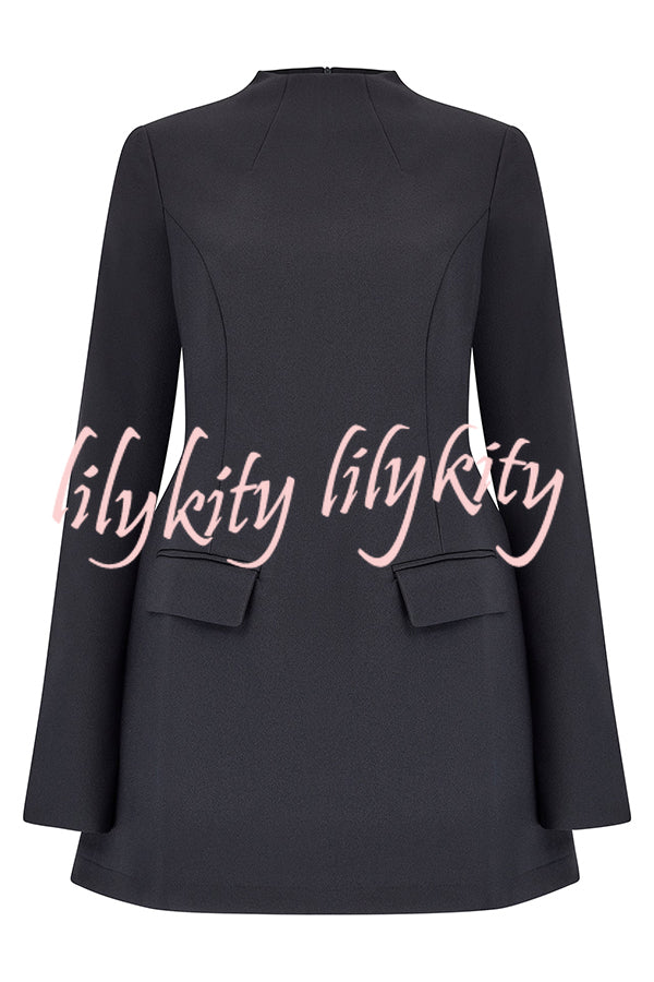 Ultimate Muse High Neck Long Slit Sleeve Flap Pocket Mini Dress