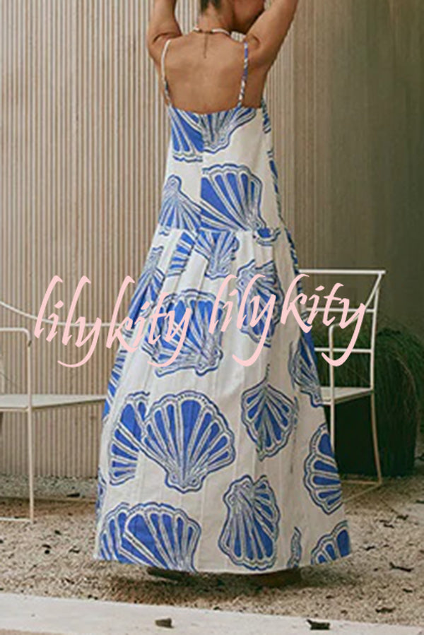 Linen Blend Shell Print Loose Strappy Resort Style Maxi Dress