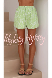 Camilla Linen Blend Printed Button Up Shirt and Elastic Waist Shorts Set