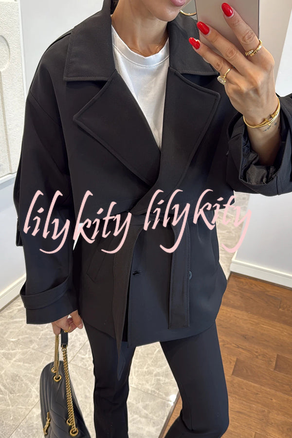 Modern Urban Dropped Shoulder Strap Button Detail Belted Lapel Loose Trench Coat