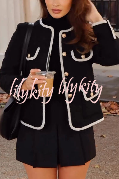 Fashionable Contrast Color Long Sleeve Button-decorated Casual Jacket