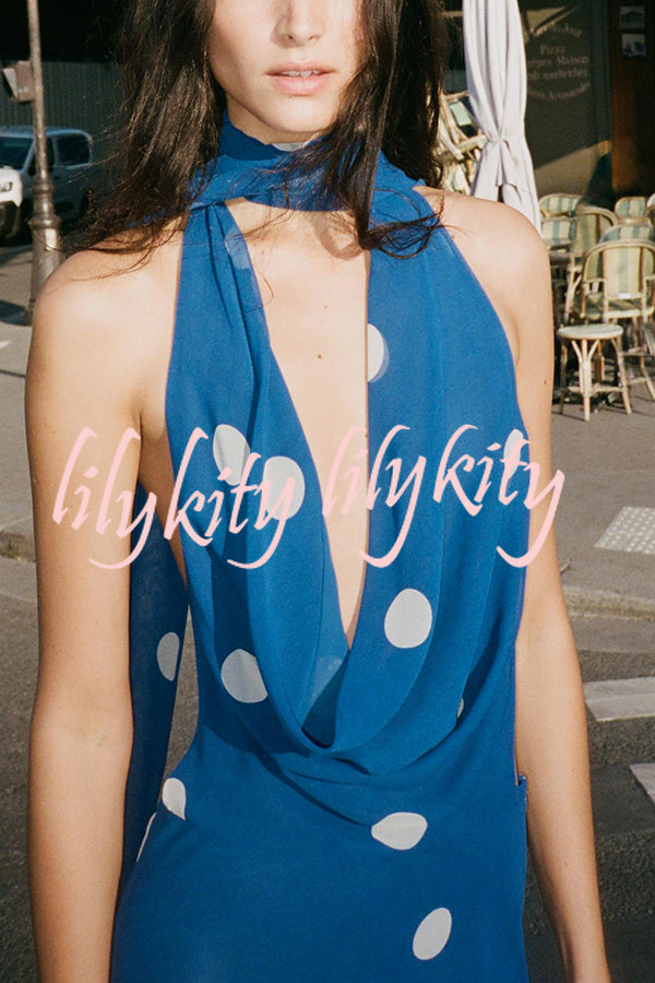 Fashion Polka Dot Print Sexy Halter Neck Backless Maxi Dress