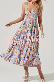 Wedding Party Season Floral Print Pleated Back Tie-up Midi Dress