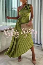 Romantic Nights Satin Raised Flower Elastic Cutout One Shoulder Pleated Maxi Dress