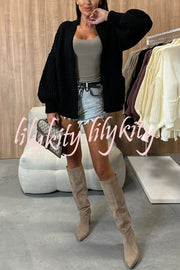 Solid Color V-neck Long-sleeved Casual Knitted Cardigan