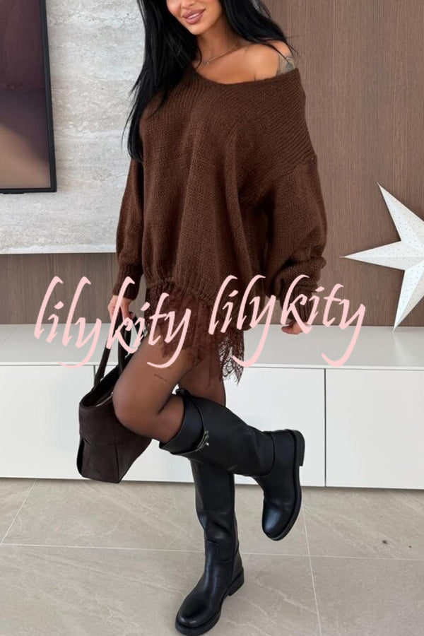 Comfy and Sweet Knit Lace Patchwork Hem Wide Neck Long Sleeve Loose Sweater