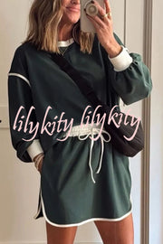 Fashion Round Neck Long Sleeve Spliced Casual Top and Elastic Waist Loose Shorts Set