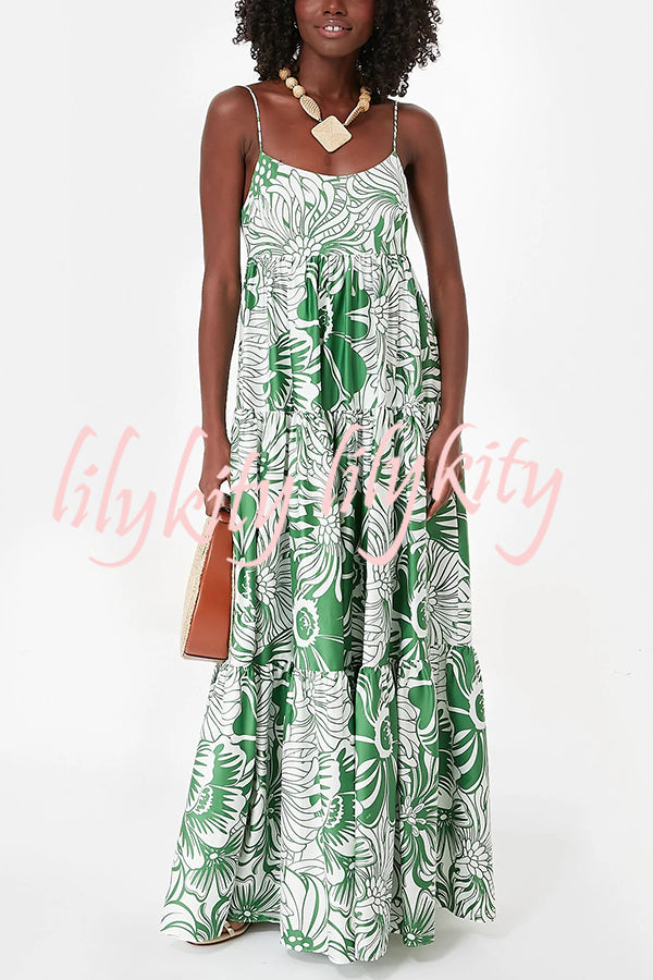 Botanical Floral Print Sexy Sling Backless Maxi Dress