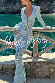 Solid Color Knit Hollow Long Sleeve Vacation Cover Up Maxi Dress