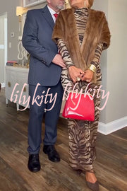 Winston Animal Print High-neck Long Sleeve Ruched Hip Stretch Maxi Dress