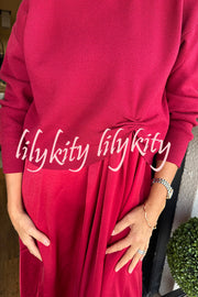 Practical Fashion Knit Ruched Sweater and Satin Stretch Tank Midi Dress Two-piece Set