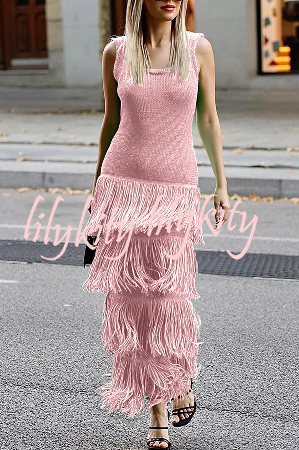 Solid Color Sleeveless Slim Fit Fringed Hem Knitted Midi Dress