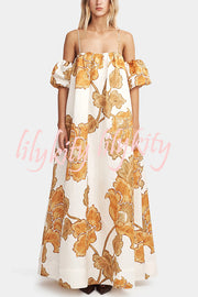 Floral Print Suspenders Puff Sleeves Loose Pocket Holiday Maxi Dress