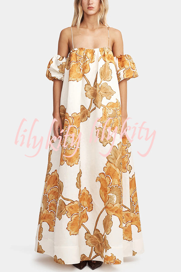 Floral Print Suspenders Puff Sleeves Loose Pocket Holiday Maxi Dress