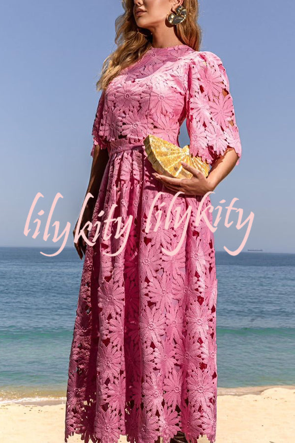 Elegant Embroidered Hollow Flowers Bell Sleeve Top and Full Hem Maxi Skirt Set