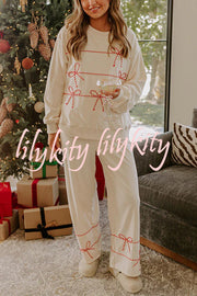 Candy Cane Cutie Loose Bow Tie Long-Sleeved Sweatshirt and Elastic Waist Pocket Pants Set