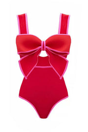 Bow Swimsuit and Elastic Waist Spotted One Piece Swimsuit + Skirt