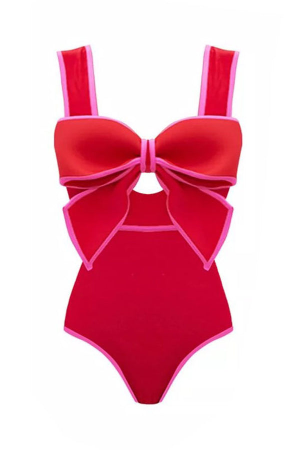 Bow Swimsuit and Elastic Waist Spotted One Piece Swimsuit + Skirt