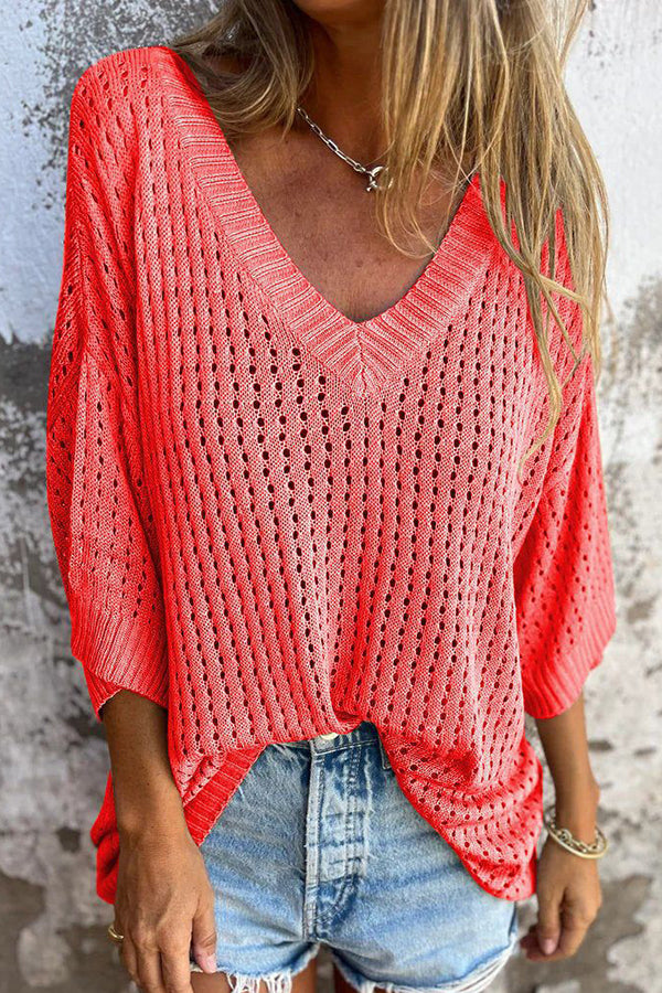 Fashionable Hollow V-neck Long-sleeved Casual Loose Knitted Top